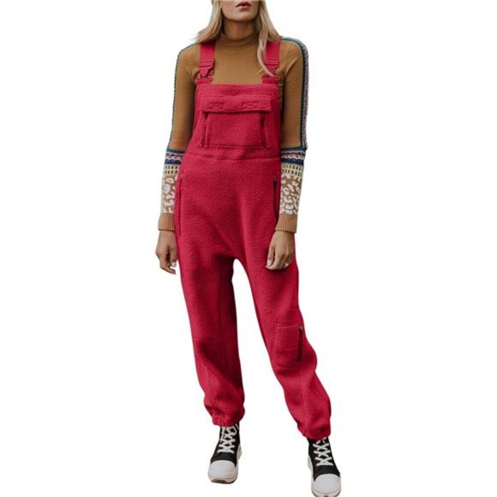 Women's Fleece Warm Overalls Winter Loose Casual Jumpsuits with Pockets